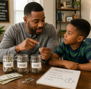 Parent teaching a child how to save, spend, and give money using jars and coins at home, highlightin