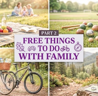 Collage of free things to do with family outdoors.- picnic, bike riding, hiking, outdoor games