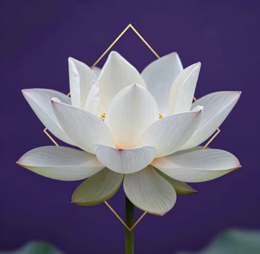 A high-end, artistic photograph of a white lotus flower with a subtle gold geometric overlay, set against a deep royal purple background. Global / Western.