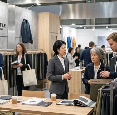 Global clothing brand executives visiting the exhibition booth to explore strategic sourcing partnerships