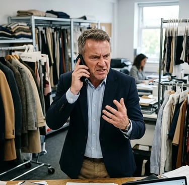 Frustrated client on phone discussing fabric supply issues