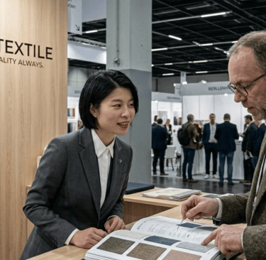 Yunlan Textile booth at a trade show; a representative presents fabric samples to a visitor.