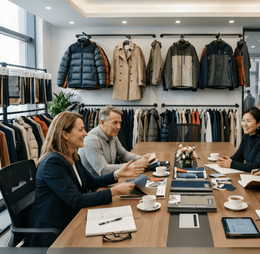 clients reviewing fabric samples with supplier in showroom for garment development