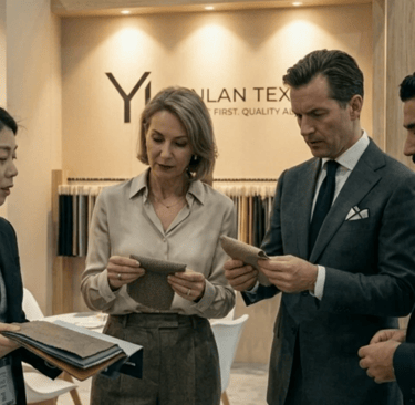 Busy networking scene at YL Textile booth during Paris Apparel Sourcing exhibition, highlighting B2B textile collaboration