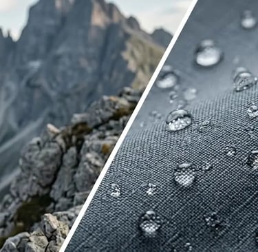 A man wearing a waterproof hiking jacket in the mountains next to a close-up of water beading on the fabric.