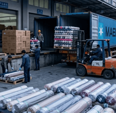 Forklift loading fabric rolls into a Maersk container at a busy warehouse loading dock with workers and boxes