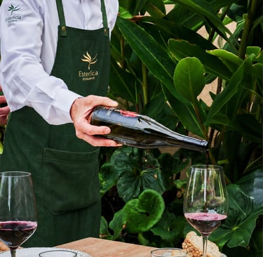 Mozo sirviendo vino vistiendo delantal e identidad bordada de la marca
