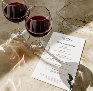 Tarjeta de menú corto y copas de vino sobre mesa de mármol