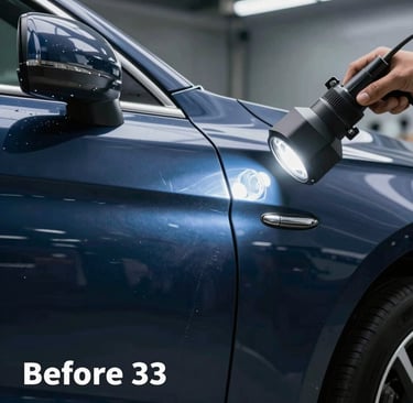 A close-up 'Before' shot of a large dent on a metallic car door in a high-end workshop. A specialized PDR LED light reflects off the panel, showing the distortion of the lines against the navy blue paint. Professional and sharp lighting.