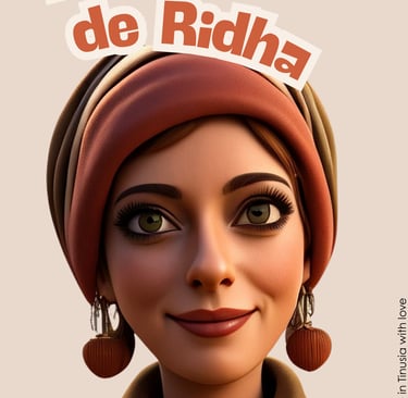 Animated portrait of a woman wearing a traditional Kasbah de Ridha headscarf and earrings.