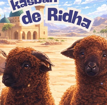 Two brown sheep standing in a desert landscape featuring a mosque and the text Kasbah de Ridha.