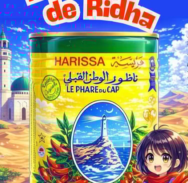 A can of Le Phare du Cap Harissa featuring anime art of a girl in a desert landscape.
