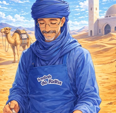 A smiling chef in a blue Tuareg turban serves couscous in a Moroccan desert near a mosque.