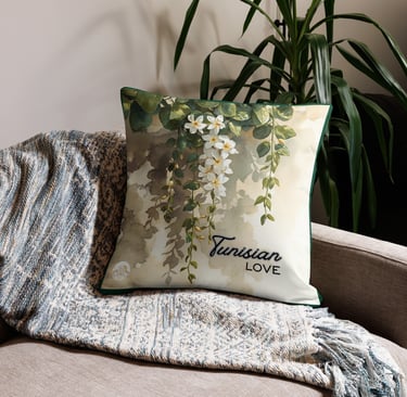 Tunisian Love decorative pillow with white jasmine floral design on a cozy armchair with a blue throw blanket.