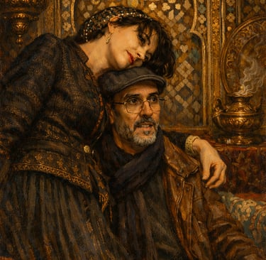 Classical oil painting of a couple in modern attire posing against an ornate gold Moorish backdrop.