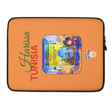 Orange Harissa Tunisia laptop sleeve featuring vintage style chili pepper can art and anime character.