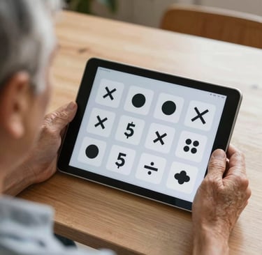 An elderly man laughing while playing a brain game on a tablet, seated comfortably in a sunlit room.