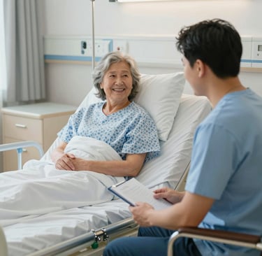 A smiling elderly woman receiving a relaxing mobile massage therapy session in her living room with warm natural light.