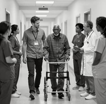 A registered social worker walking outdoors with an engaged senior client, both smiling under soft green trees.