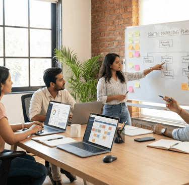 Small business team planning digital marketing campaign