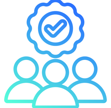 Team of people with quality badge icon representing customer success and verified service excellence