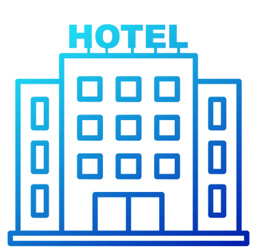 Hotel building with 'HOTEL' sign icon representing accommodation and hospitality services