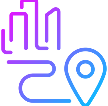 City skyline with location pin and path route icon representing urban navigation and destination planning