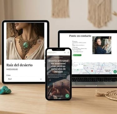 Sitio web Raíz Nativa joyería hecha a mano, visualizado en una laptop, tableta y celular.