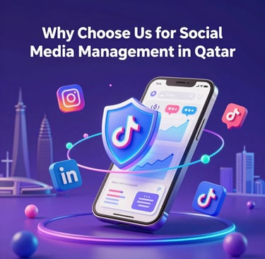 Professional social media management in Qatar featuring a smartphone with platform icons like TikTok and Instagram.