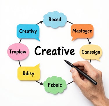 Hand pointing to a creative process diagram with colorful speech bubbles and brainstorm keywords.