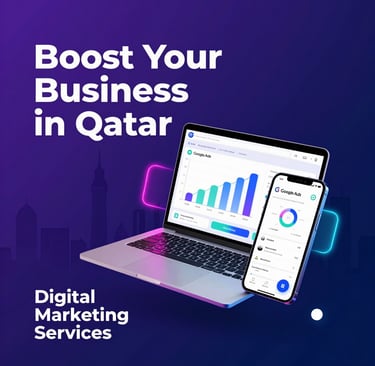 Digital marketing services in Qatar featuring a laptop and phone displaying SEO analytics data.