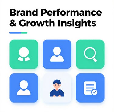 Brand performance and growth insights dashboard featuring user profile icons and data analytics symbols.