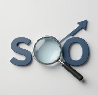 SEO concept with a magnifying glass over blue letters and a growth arrow on a white background.