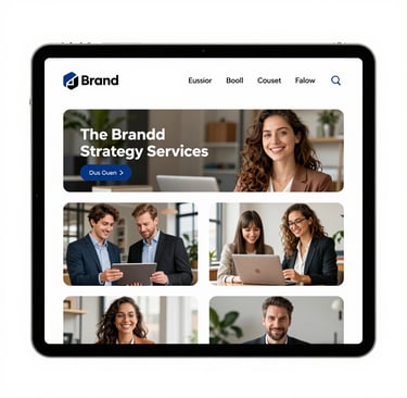 A tablet displaying a modern brand strategy services website with diverse professional consultants.