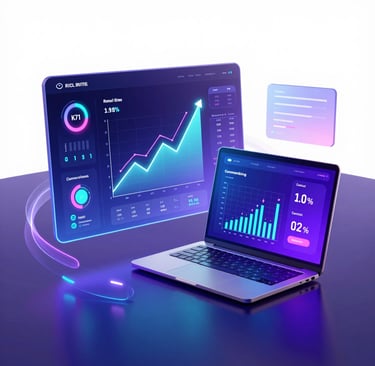 Digital marketing analytics dashboard with growth charts on a laptop screen and holographic interface.