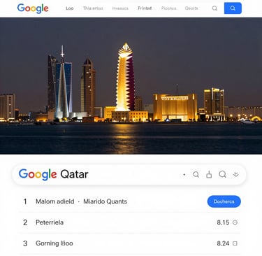 Doha skyline at night featuring illuminated skyscrapers and the spiral Al Bidda Tower reflecting on the water.