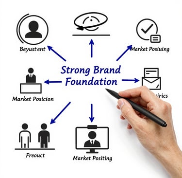 Hand drawing a flow chart for a strong brand foundation strategy with marketing icons.