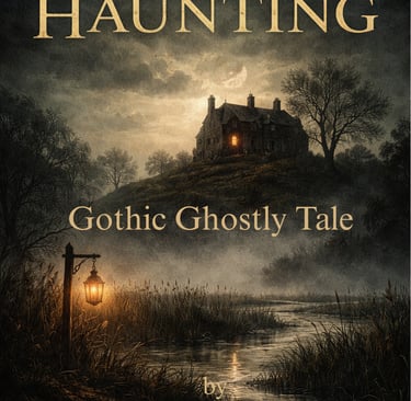 Dark, misty valley with a lantern by a marsh and a lone house glowing on a hill.