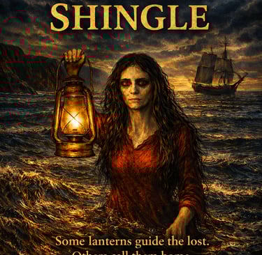 Woman holding a glowing lantern while standing in rough ocean water beneath a dramatic sky and distant ship