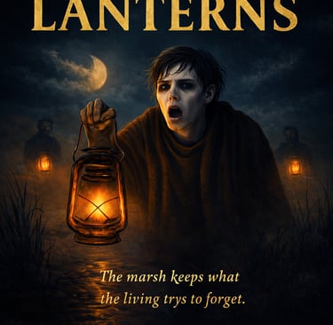 Gothic horror scene of a skeletal figure holding a glowing lantern in a foggy marsh