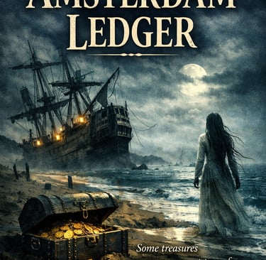 Ghostly woman on moonlit beach with treasure chest and wrecked ship; audiobook cover for The Amsterdam Ledger.