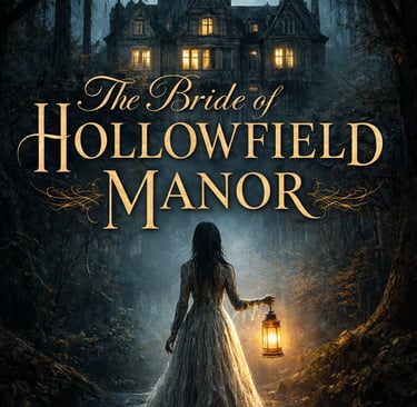 Woman in a tattered bridal gown holding a lantern on a misty path leading to a lit gothic manor.