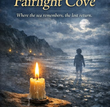 Moonlit coastal scene with a child facing the sea and a glowing candle on the shore