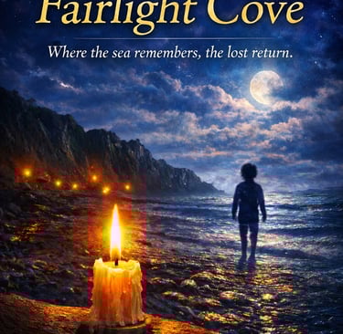 Moonlit coastal scene with a child facing the sea and a glowing candle on the shore