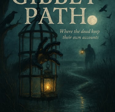 Caged lantern with a severed hand in a misty forest path under a moonlit sky