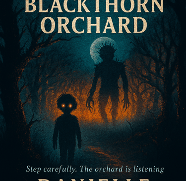 Shadowy figure with glowing eyes on a forest path, watched by a larger creature beneath a full moon