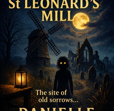 Moonlit ruins with a shadowy figure on a path beside a lantern and an old windmill.