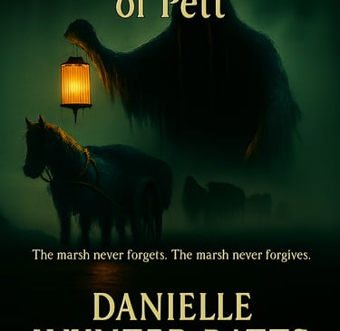 Hooded ghostly figure with a glowing lantern looming over a misty horse‑drawn cart in a marsh.