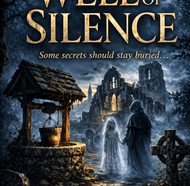 Hooded ghost leads a girl past an ancient well toward ruined gothic buildings in a foggy graveyard.