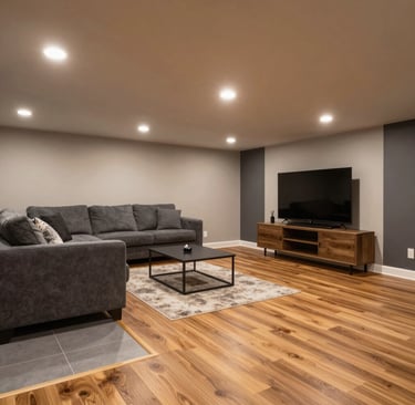 A cozy basement living area with warm wood flooring, recessed lighting, and a modern entertainment setup.
